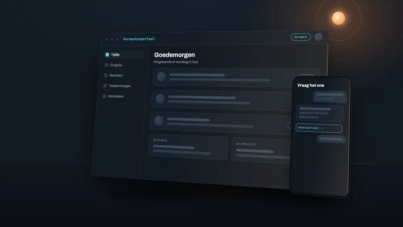 Illustratie: een verwantenportaal met tijdlijn en een chatbot op mobiel